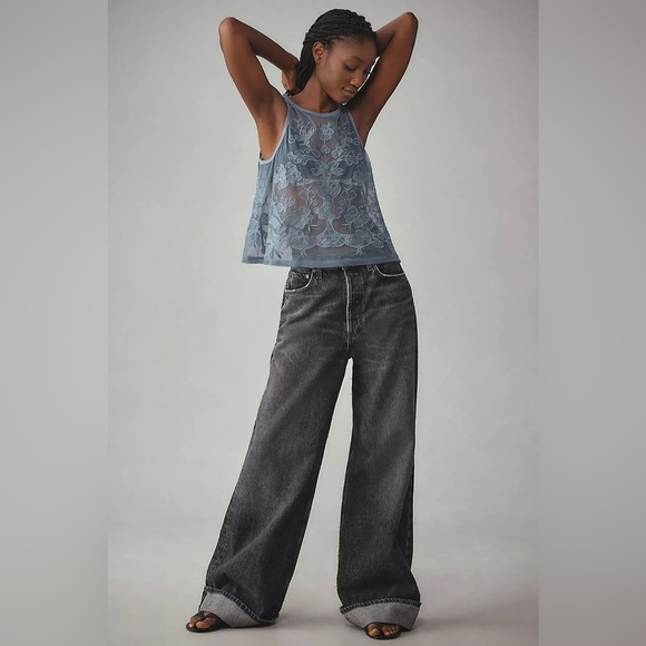 NWT Anthropologie Blue Floral Mesh Tank Medium - Picture 7 of 7